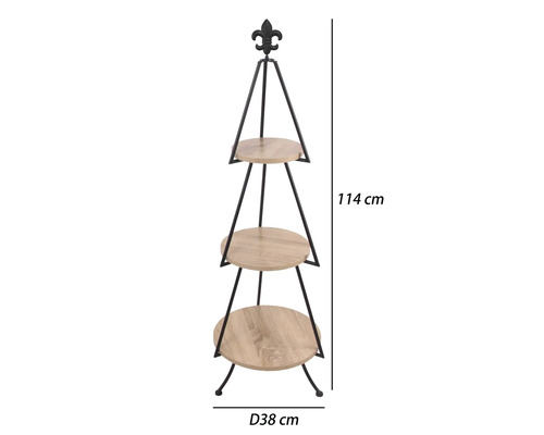 Třípatrový regál na květiny z kovu a dřeva s ozdobnou lilií, výška 114 centimetrů, průměr 38 centimetrů.
