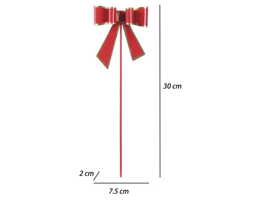 Červený zahradní zápich ve tvaru mašle z kovu, výška 30 centimetrů, šířka 7,5 centimetrů, hloubka 2 centimetry.