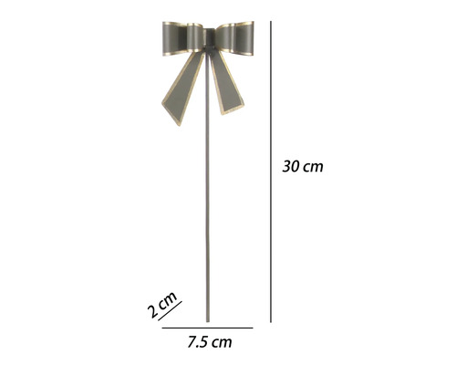 Šedý zápich do květináče s mašlí a zlatým okrajem, výška 30 centimetrů, šířka 7,5 centimetrů, hloubka 2 centimetry.