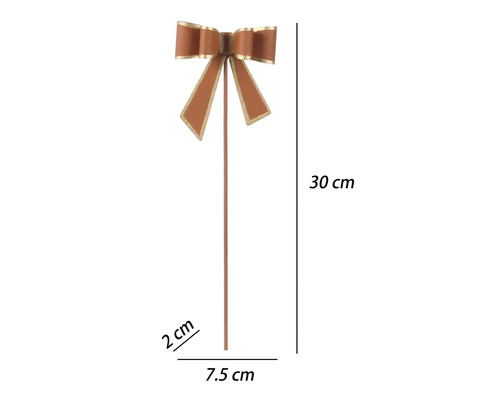 Dekorativní mašle na tyči, hnědá se zlatým okrajem, výška 30 centimetrů, šířka 7,5 centimetru, hloubka 2 centimetry.
