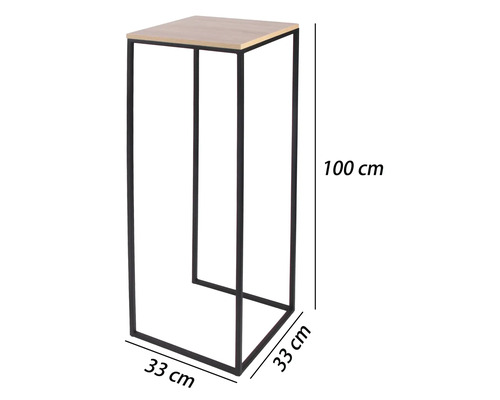 Vysoký stojan na květiny s černým kovovým rámem a světlou deskou v dekoru dřeva, rozměry 100 centimetrů výška a 33 na 33 centimetrů šířka.