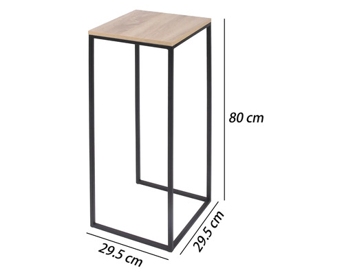 Stojan na květiny s kovovým rámem a dřevěnou deskou, výška 80 centimetrů, šířka 29,5 centimetru, hloubka 29,5 centimetru.