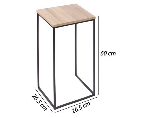 Stojan na květiny s dřevěnou deskou a černým kovovým rámem, výška 60 centimetrů, šířka 26,5 centimetrů, hloubka 26,5 centimetrů.