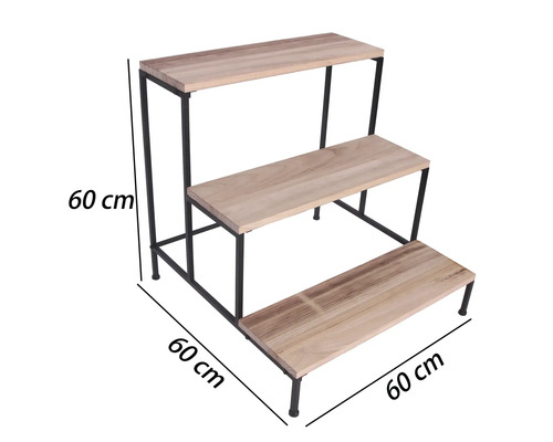 Třístupňový regál na květiny ze dřeva a černého kovu, rozměry 60 krát 60 krát 60 centimetrů.