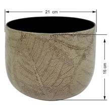 Květináč s motivem listů, průměr 21 centimetrů, výška 16 centimetrů.