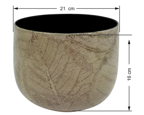 Květináč s motivem listů, průměr 21 centimetrů, výška 16 centimetrů.