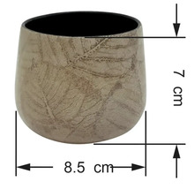 Keramický obal na květináč s motivem listů, výška 7 centimetrů, šířka 8,5 centimetru.