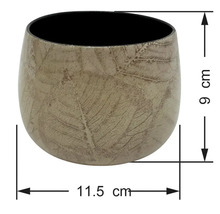 Kulatý obal na květináč s motivem listů, výška 9 centimetrů, průměr 11,5 centimetru.