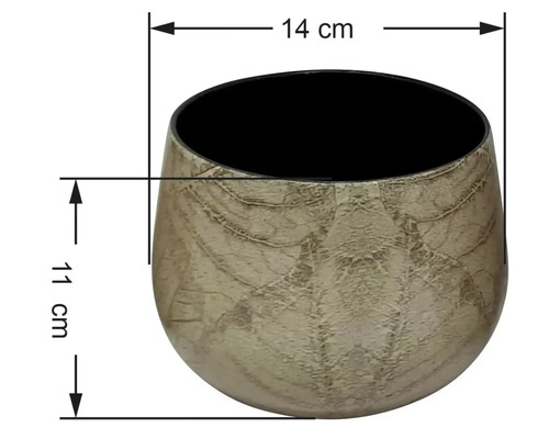 Kulatý obal na květináč s strukturovaným povrchem, průměr 14 centimetrů, výška 11 centimetrů.