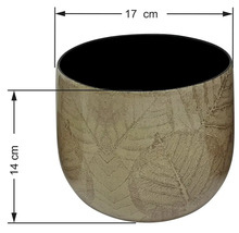 Béžový květináč se vzorem listů a černým vnitřkem, průměr 17 centimetrů, výška 14 centimetrů.