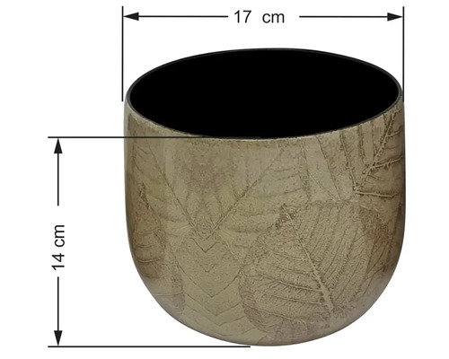 Béžový květináč se vzorem listů a černým vnitřkem, průměr 17 centimetrů, výška 14 centimetrů.