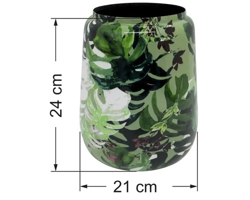 Váza se vzorem listů monstery, výška 24 centimetrů, průměr 21 centimetrů.