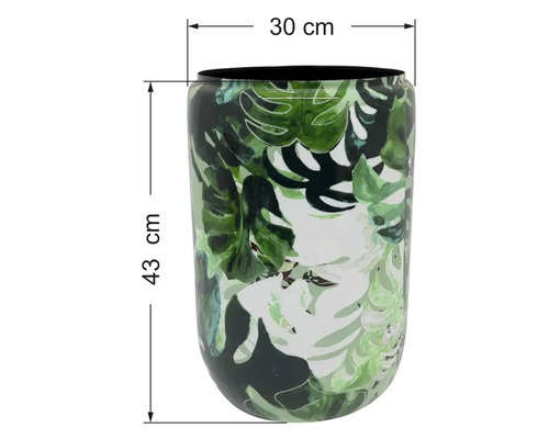 Dekorativní váza se vzorem zelených listů monstery, výška 43 centimetrů, šířka 30 centimetrů.