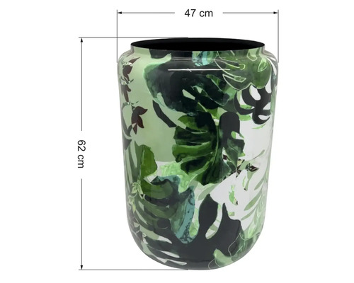 Květináč s motivem listů, výška 62 centimetrů, průměr 47 centimetrů.
