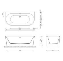 Technický výkres vany s rozměry v milimetrech, pohled shora, zepředu a z boku.