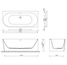 Technický výkres vany s rozměry v milimetrech pro délku, šířku a výšku v pohledu shora, zepředu a ze strany.