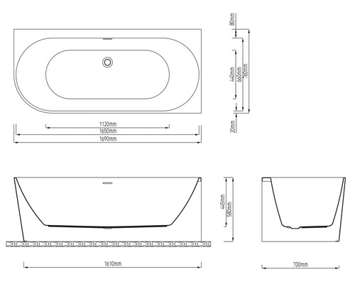Technický výkres vany s rozměry v milimetrech pro délku, šířku a výšku v pohledu shora, zepředu a ze strany.