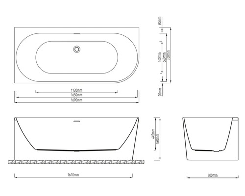Technický výkres vany s rozměry v milimetrech: délka 1690, šířka 760, výška 580.