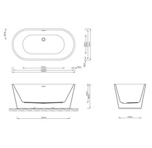 Technický výkres volně stojící vany s rozměry v milimetrech pro délku, šířku a výšku.