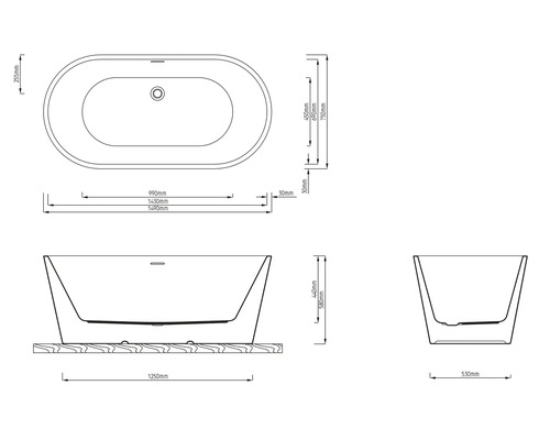 Technický výkres volně stojící vany s rozměry v milimetrech pro délku, šířku a výšku.