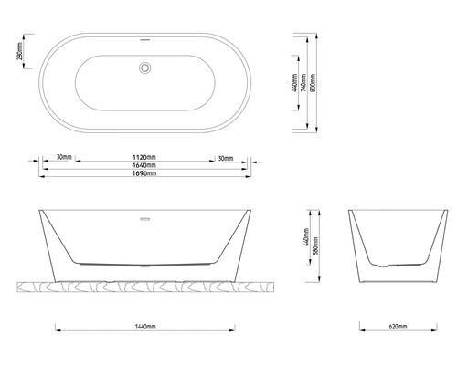 Technický výkres oválné volně stojící vany s rozměry: délka 1690 milimetrů, šířka 800 milimetrů, výška 580 milimetrů.