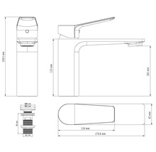 Technický nákres umyvadlové baterie s rozměry v milimetrech pro tělo baterie a odtokový ventil.