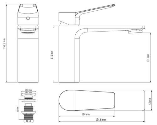 Technický nákres umyvadlové baterie s rozměry v milimetrech pro tělo baterie a odtokový ventil.