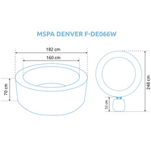 Rozměry vířivky MSPA Denver F-DE066W: vnější průměr 182 centimetrů, vnitřní průměr 160 centimetrů, výška 70 centimetrů.