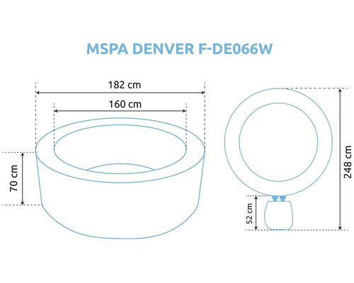 Rozměry vířivky MSPA Denver F-DE066W: vnější průměr 182 centimetrů, vnitřní průměr 160 centimetrů, výška 70 centimetrů.
