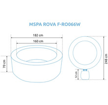 Technický nákres vířivky MSPA ROVA s vnějším rozměrem 182 centimetrů, vnitřním rozměrem 160 centimetrů a výškou 70 centimetrů.