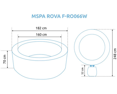 Technický nákres vířivky MSPA ROVA s vnějším rozměrem 182 centimetrů, vnitřním rozměrem 160 centimetrů a výškou 70 centimetrů.