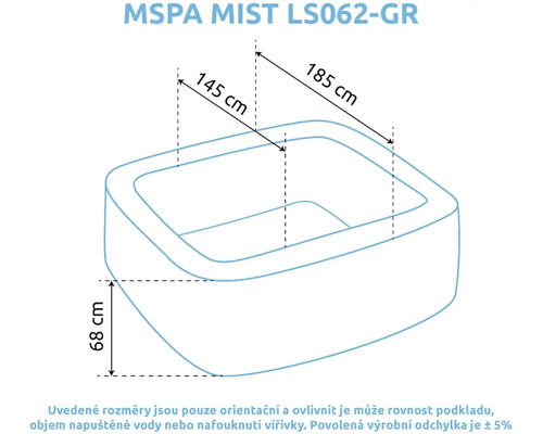 Rozměry vířivky MSPA MIST LS062-GR: vnější délka 185 centimetrů, vnitřní délka 145 centimetrů a výška 68 centimetrů.