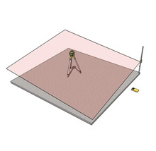 Ilustrace rotačního laseru na stativu vytvářejícího vodorovnou nivelační rovinu nad betonovým povrchem s nivelační latí a přijímačem.