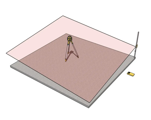 Ilustrace rotačního laseru na stativu vytvářejícího vodorovnou nivelační rovinu nad betonovým povrchem s nivelační latí a přijímačem.