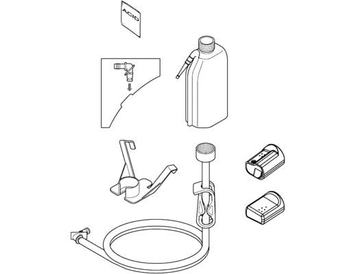 Rozkreslený nákres sady kyseliny do baterie s nádobou, hadicí, držákem a upozorněním na kyselinu