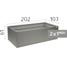 Šedý kovový vyvýšený záhon model 2x1 MIDI o rozměrech 202 centimetrů délka, 103 centimetrů šířka a 61 centimetrů výška.