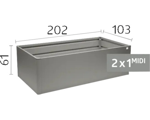 Šedý kovový vyvýšený záhon model 2x1 MIDI o rozměrech 202 centimetrů délka, 103 centimetrů šířka a 61 centimetrů výška.