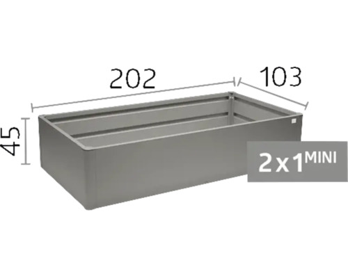 Kovový vyvýšený záhon o rozměrech 202 centimetrů délky, 103 centimetrů šířky a 45 centimetrů výšky, model 2x1 MINI.