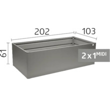 Kovový vyvýšený záhon o rozměrech 202 krát 103 krát 61 centimetrů.
