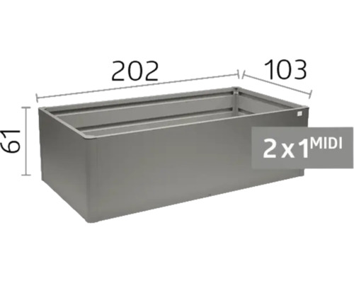 Kovový vyvýšený záhon o rozměrech 202 krát 103 krát 61 centimetrů.