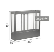 Šedý skleník s průsvitnými panely, výška 181 centimetrů, délka 202 centimetrů, šířka 55 centimetrů.