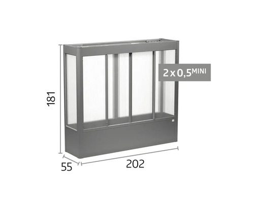 Šedý skleník s průsvitnými panely, výška 181 centimetrů, délka 202 centimetrů, šířka 55 centimetrů.