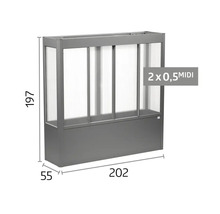 Vyvýšený záhon se skleníkovým nástavcem z kovu a průhledných desek, šířka 202 centimetrů, hloubka 55 centimetrů, výška 197 centimetrů.