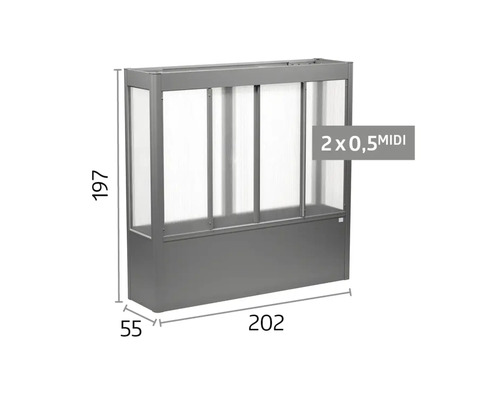 Vyvýšený záhon se skleníkovým nástavcem z kovu a průhledných desek, šířka 202 centimetrů, hloubka 55 centimetrů, výška 197 centimetrů.