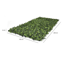 Umělý živý plot, rozměry 100 centimetrů krát 200 centimetrů, hloubka 6 centimetrů.