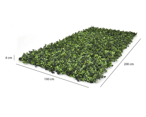 Umělý živý plot, rozměry 100 centimetrů krát 200 centimetrů, hloubka 6 centimetrů.