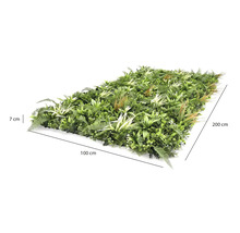 Umělá rostlinná stěna s kapradinami a trávami, šířka 100 centimetrů, výška 200 centimetrů, hloubka 7 centimetrů.