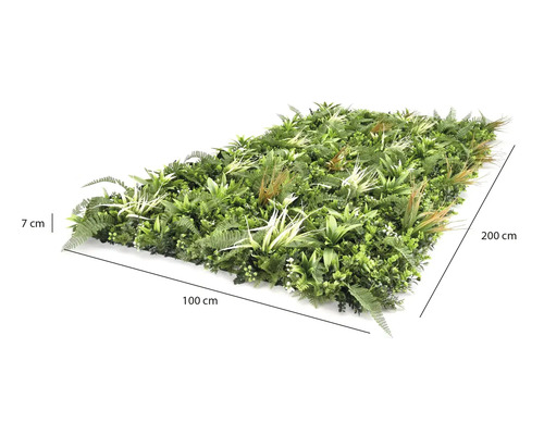 Umělá rostlinná stěna s kapradinami a trávami, šířka 100 centimetrů, výška 200 centimetrů, hloubka 7 centimetrů.