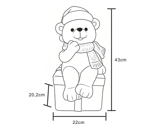 Rozměrový nákres medvídka s vánoční čepicí na dárku, výška 43 centimetrů, šířka 22 centimetrů, hloubka 20,2 centimetrů.