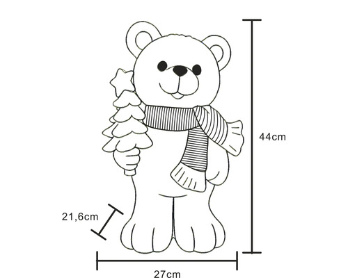 Ilustrace dekorativního medvěda se šálou a stromkem, rozměry: výška 44 centimetrů, šířka 27 centimetrů, hloubka 21,6 centimetrů.